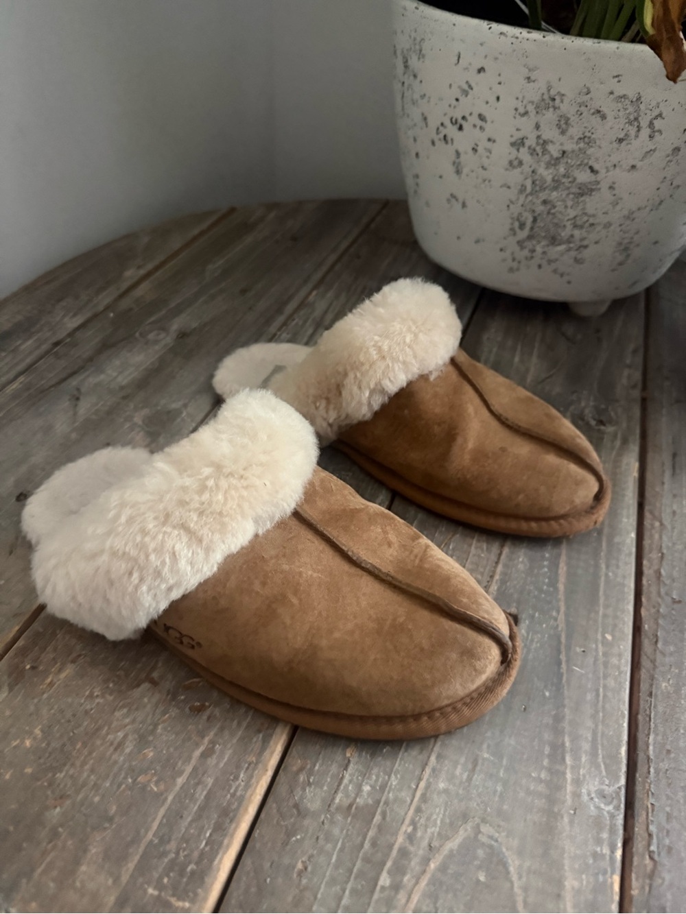 UGG Chestnut Suede Shearling Cuff Slip-On Slippers